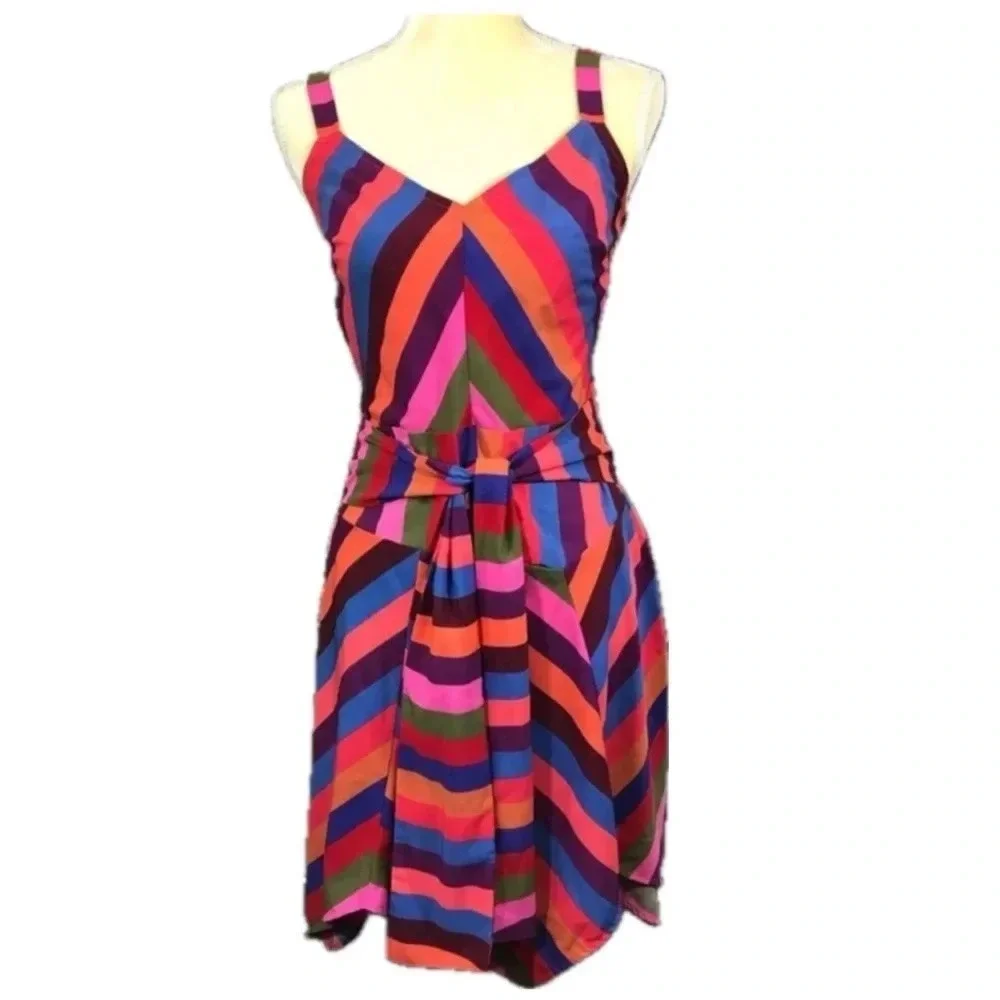 A New Day Vibrant Multi Colored Striped Asymmetrical Sun Dress medium - Picture 3 of 12